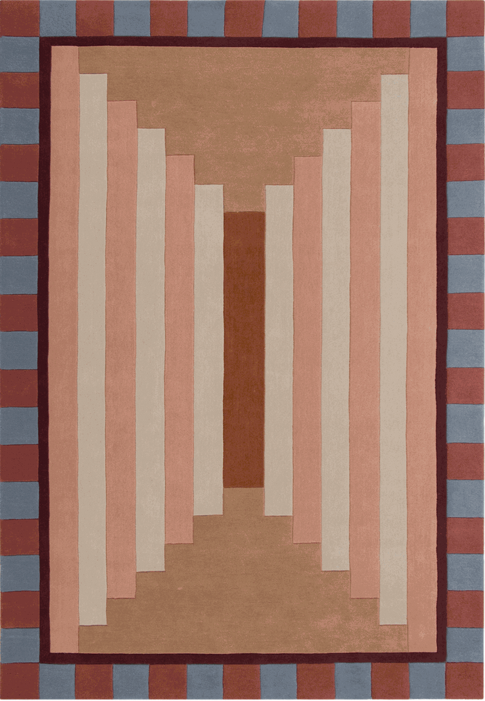 An abstract geometric area rug featuring a central vertical striped pattern in shades of brown, terracotta, dusty pink, and cream, framed by a checkered border of muted blue-gray and terracotta.  The Login cabin rug is designed by Designer Rugs