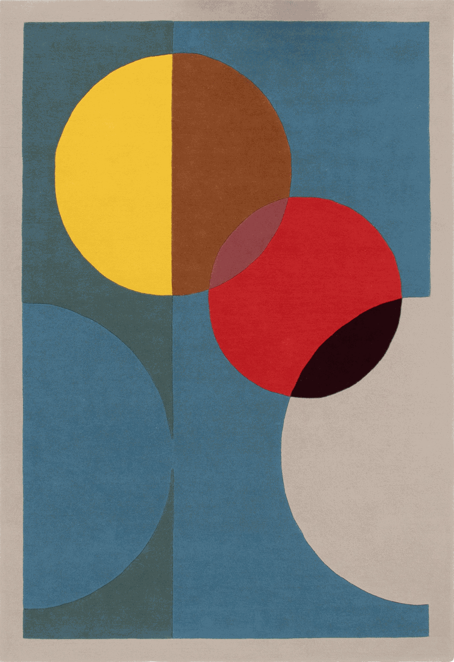 An abstract geometric area rug with a muted blue background and overlapping circles in red, yellow, brown, and dark burgundy, bordered by a light beige edge.
designed by Designer rugs