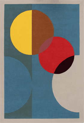 An abstract geometric area rug with a muted blue background and overlapping circles in red, yellow, brown, and dark burgundy, bordered by a light beige edge.
designed by Designer rugs