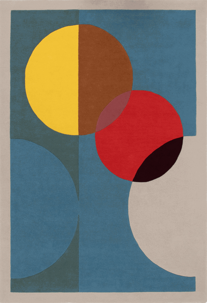 An abstract geometric area rug with a muted blue background and overlapping circles in red, yellow, brown, and dark burgundy, bordered by a light beige edge.
designed by Designer rugs