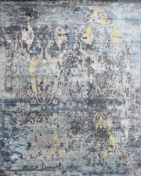 Overhead view of Seville handknot rug in blue and yellow colour