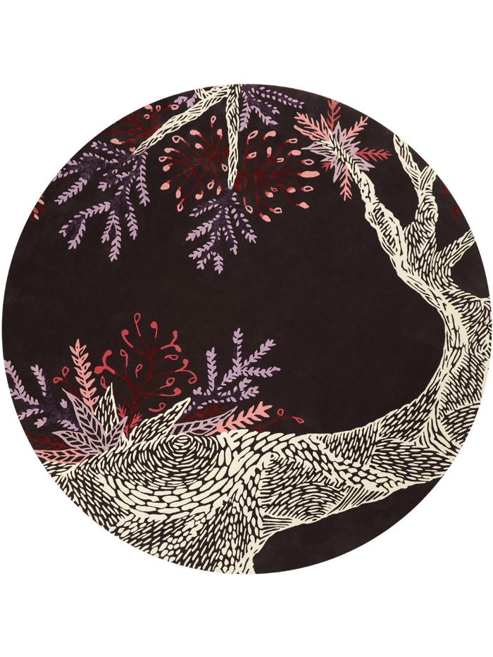 A circular art print featuring a stylized cream-colored tree trunk and branches with purple and pink botanical leaves on a dark brown background, set against a muted teal-blue backdrop.

