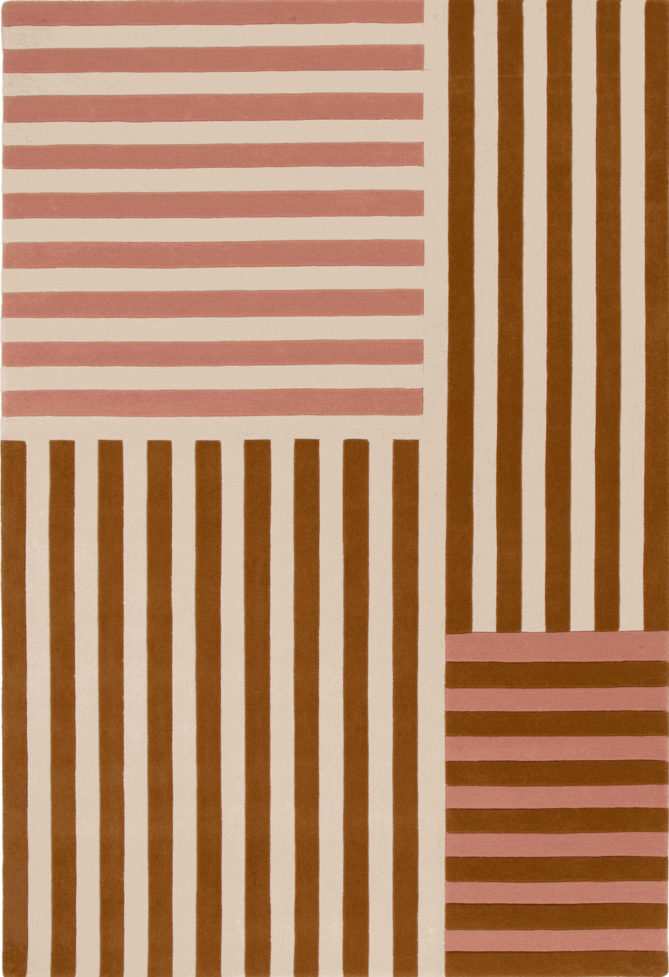 A rectangular area rug with a geometric pattern of vertical and horizontal stripes in brown, dusty pink, and cream.