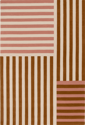 A rectangular area rug with a geometric pattern of vertical and horizontal stripes in brown, dusty pink, and cream.