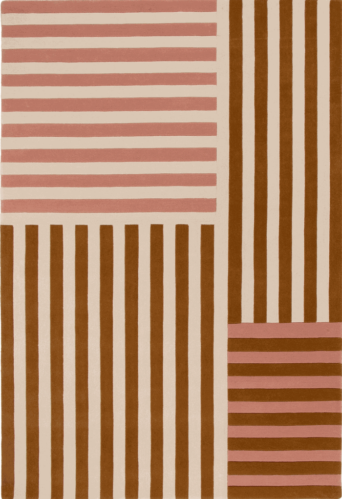 A rectangular area rug with a geometric pattern of vertical and horizontal stripes in brown, dusty pink, and cream.