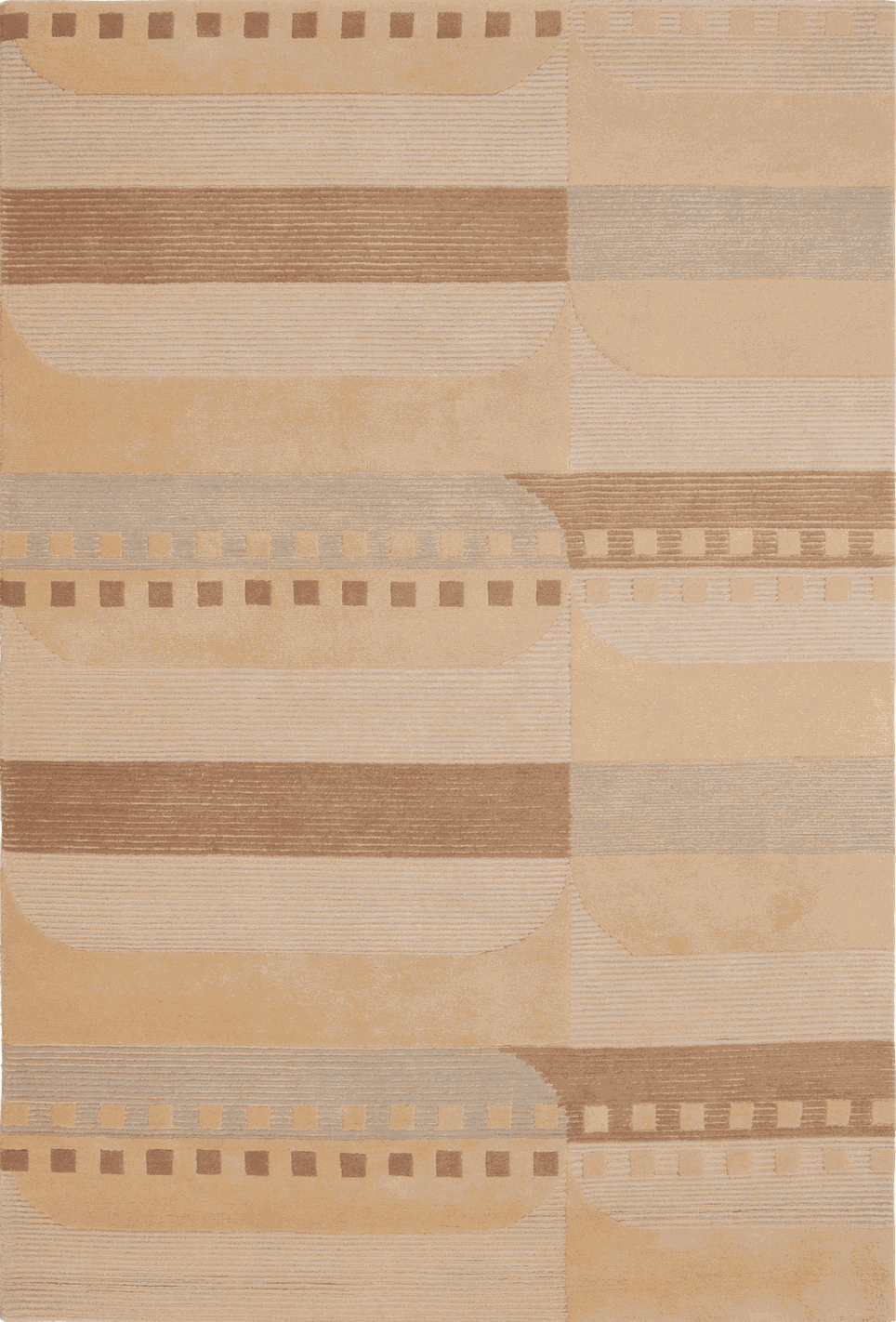 A rectangular area rug with a modern geometric pattern in shades of beige, tan, and brown, featuring horizontal bands, curved arches, and small square motifs.
The Nexel rug designed by Designer rugs.