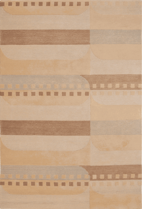 A rectangular area rug with a modern geometric pattern in shades of beige, tan, and brown, featuring horizontal bands, curved arches, and small square motifs.
The Nexel rug designed by Designer rugs.