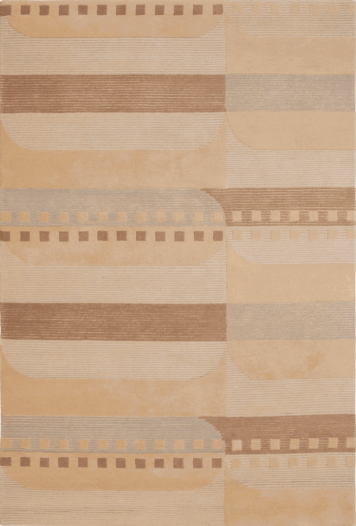 A rectangular area rug with a modern geometric pattern in shades of beige, tan, and brown, featuring horizontal bands, curved arches, and small square motifs.
The Nexel rug designed by Designer rugs.