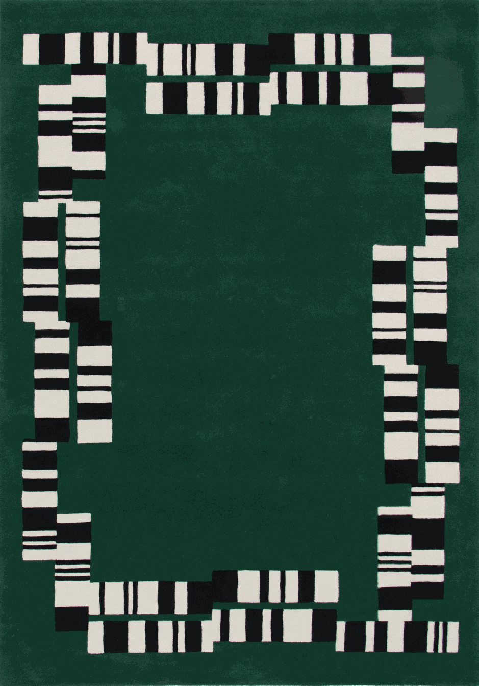 A dark green rectangular rug with a bold geometric border made of black and off-white rectangular blocks, shown flat against a white background. designed by Designer rugs