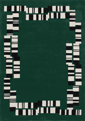 A dark green rectangular rug with a bold geometric border made of black and off-white rectangular blocks, shown flat against a white background. designed by Designer rugs