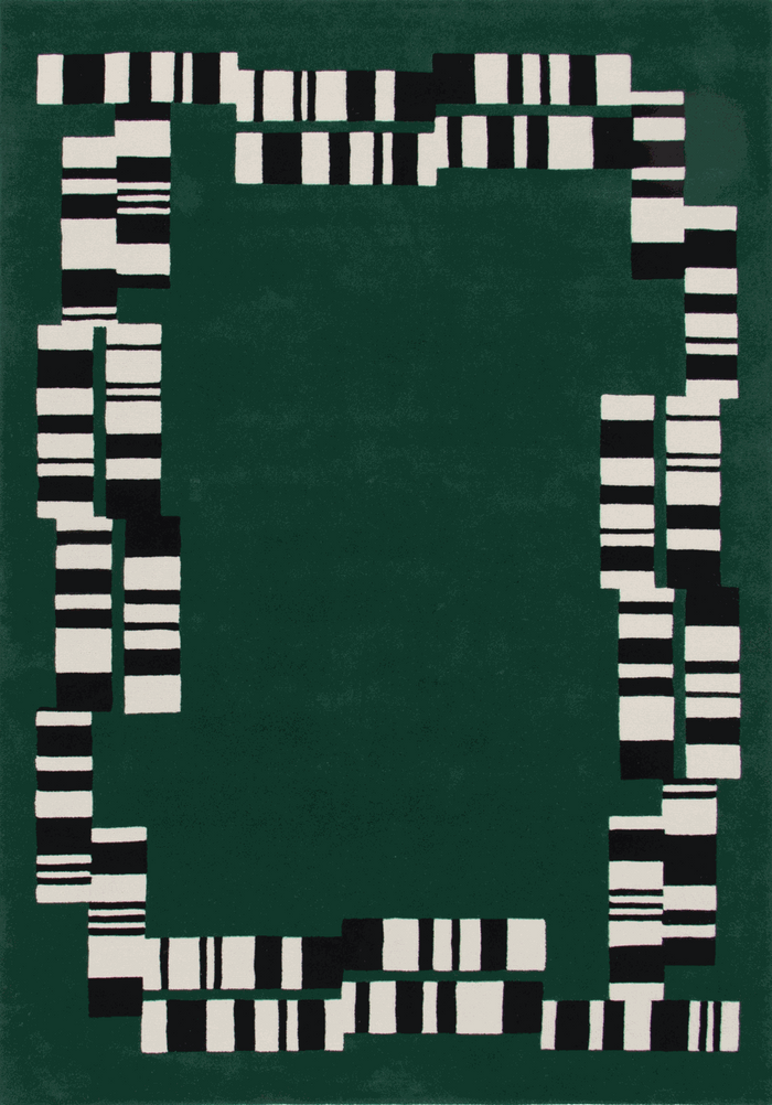 A dark green rectangular rug with a bold geometric border made of black and off-white rectangular blocks, shown flat against a white background. designed by Designer rugs 