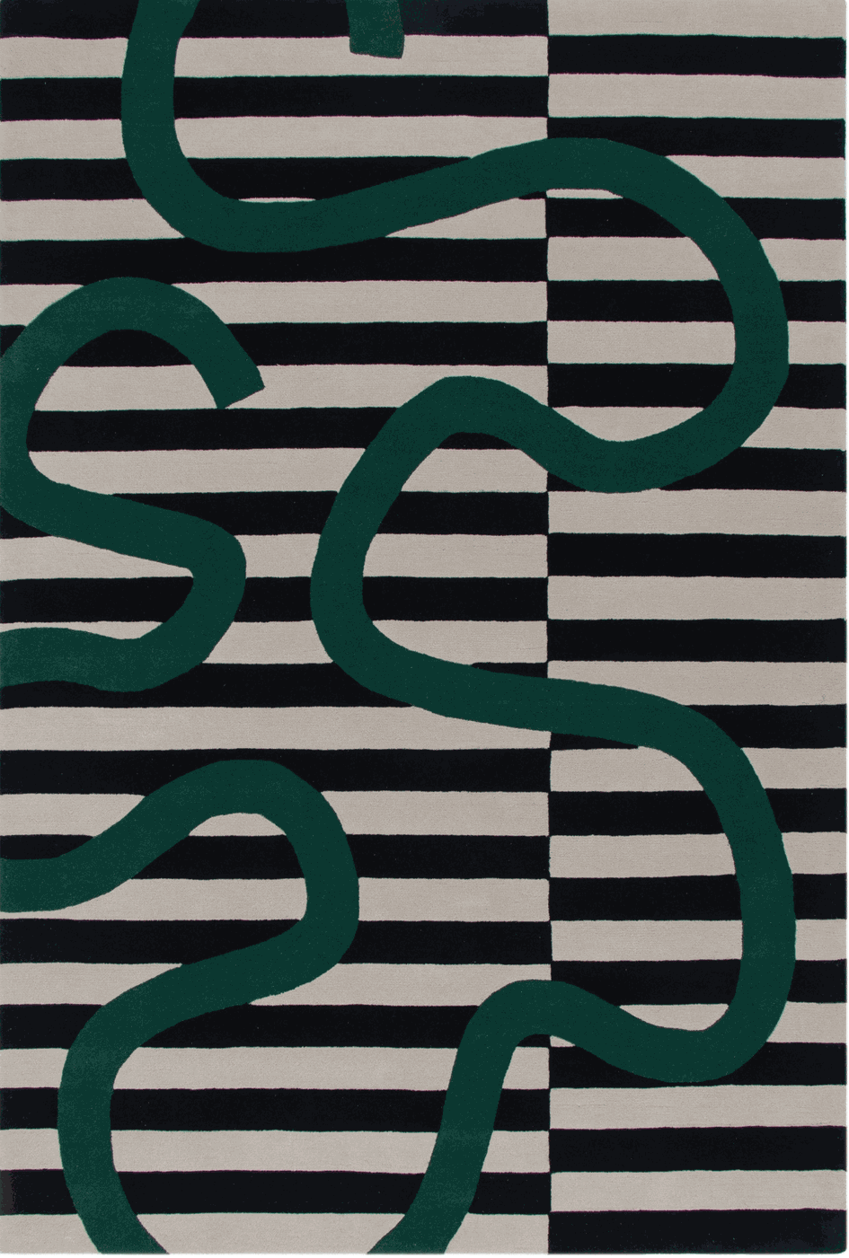 A square area rug featuring a modern abstract design with dark green wavy lines over a black and off-white striped background.  Designed by Designer rugs