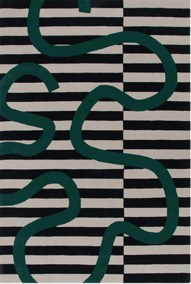 A square area rug featuring a modern abstract design with dark green wavy lines over a black and off-white striped background.  Designed by Designer rugs