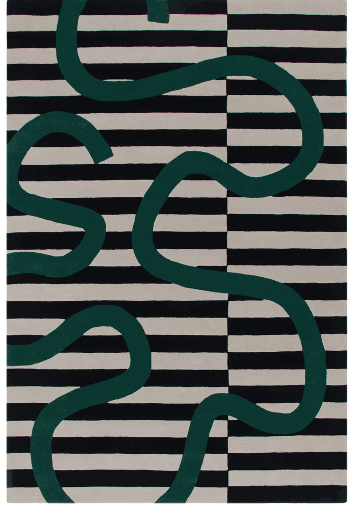 A square area rug featuring a modern abstract design with dark green wavy lines over a black and off-white striped background.