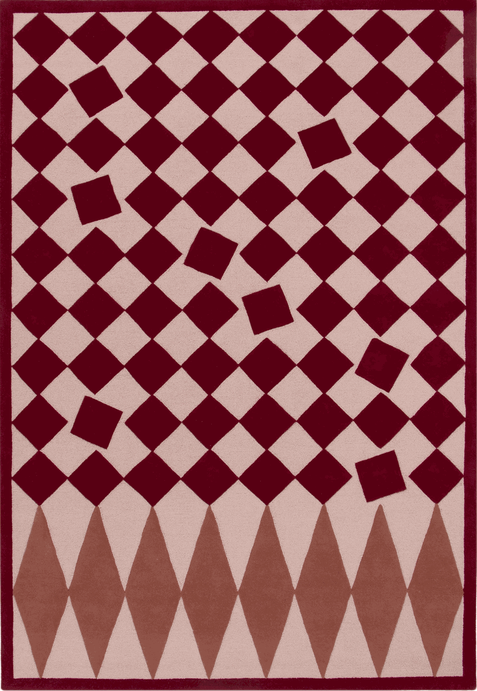 A rectangular area rug with a geometric harlequin pattern in deep burgundy and light beige, featuring diamond and square motifs.