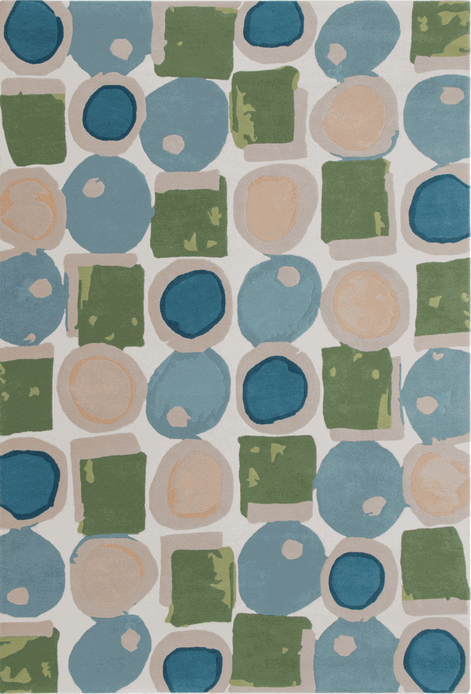 An abstract geometric area rug featuring a pattern of overlapping circles and squares in shades of blue, sage green, and beige on a light gray background.