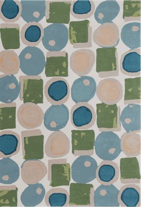 An abstract geometric area rug featuring a pattern of overlapping circles and squares in shades of blue, sage green, and beige on a light gray background.