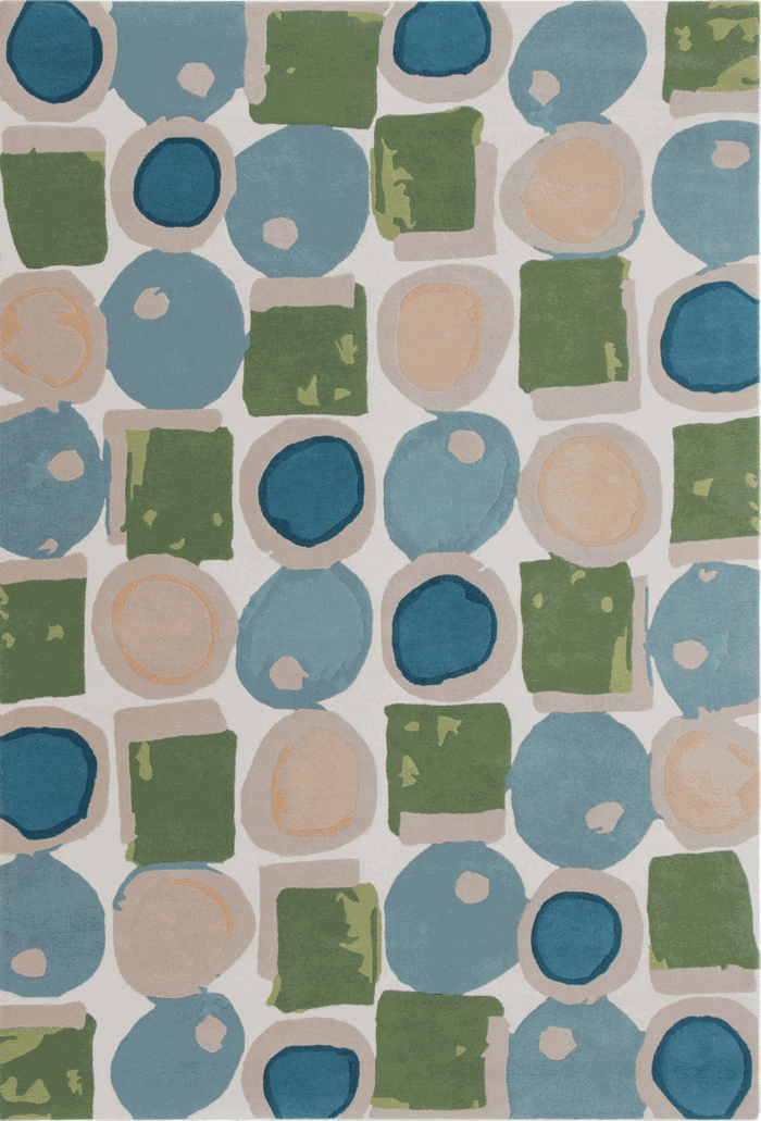 An abstract geometric area rug featuring a pattern of overlapping circles and squares in shades of blue, sage green, and beige on a light gray background.