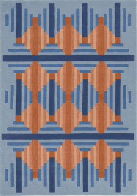 A square area rug with a geometric pattern featuring blue, navy, and terracotta orange shapes on a light blue-gray background.