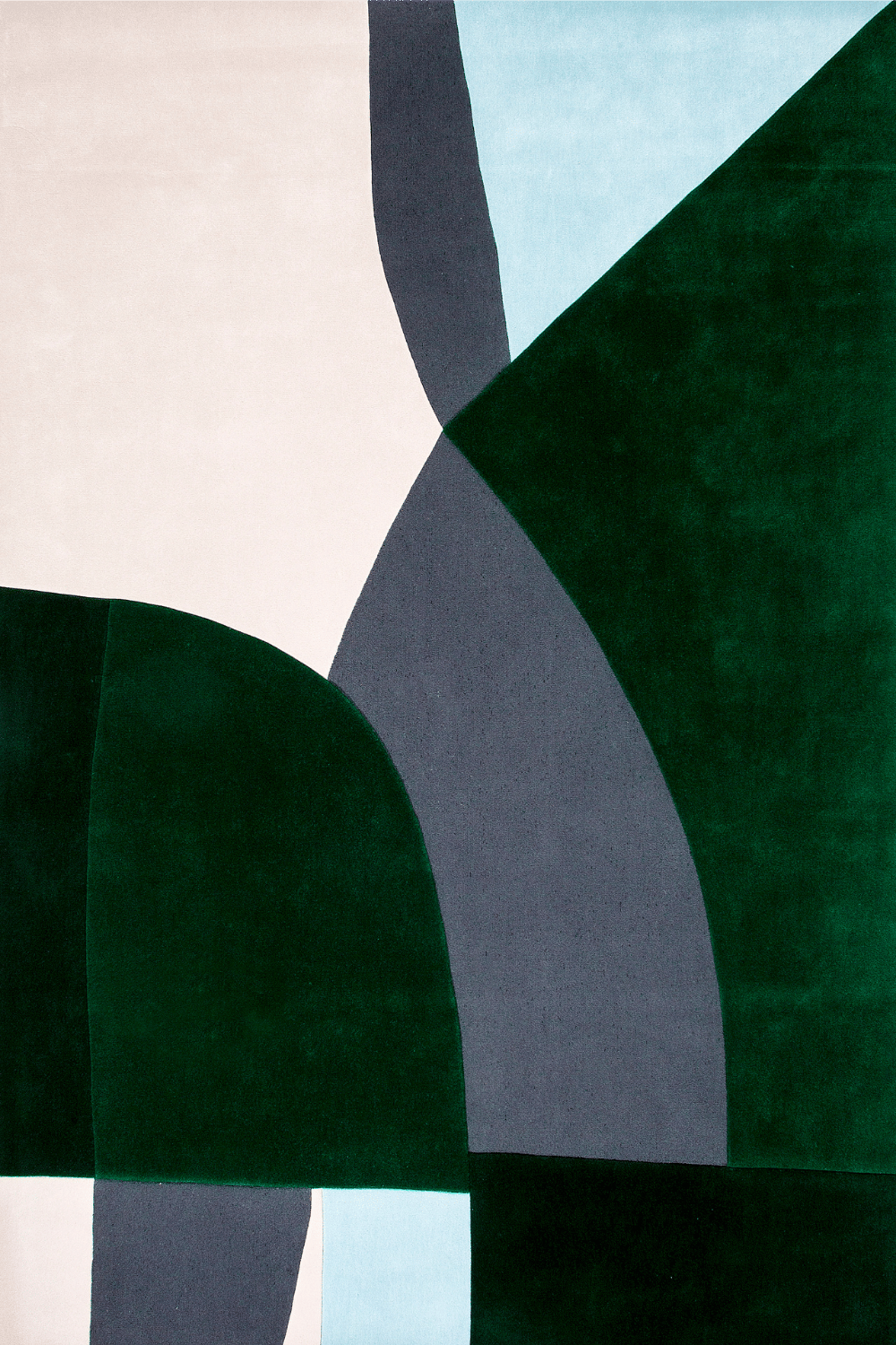 Abstract geometric rug featuring large blocks of deep forest green, slate gray, pale blue, and off-white with a subtle velvet texture.