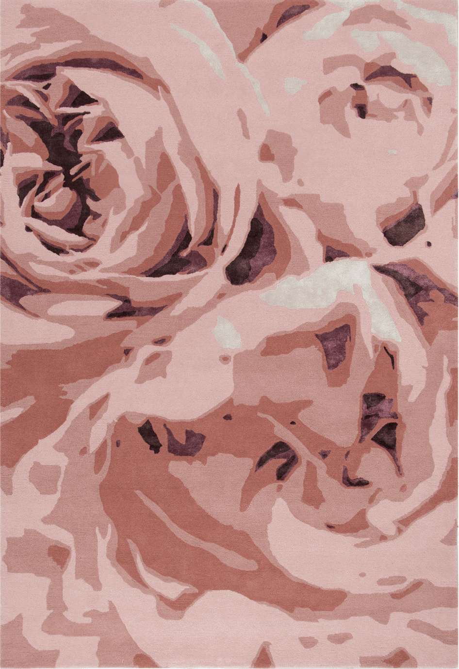 A square area rug featuring a stylized, graphic floral pattern of roses in shades of dusty pink, mauve, terracotta, and cream.
designed by Designer Rugs studio
