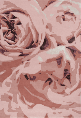 A square area rug featuring a stylized, graphic floral pattern of roses in shades of dusty pink, mauve, terracotta, and cream.
designed by Designer Rugs studio