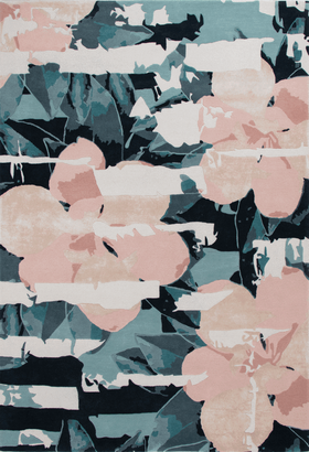 An abstract floral area rug featuring large pink and peach flower shapes over a background of teal, slate blue, charcoal, and white textured horizontal bands. Designed by Designer rugs Studio