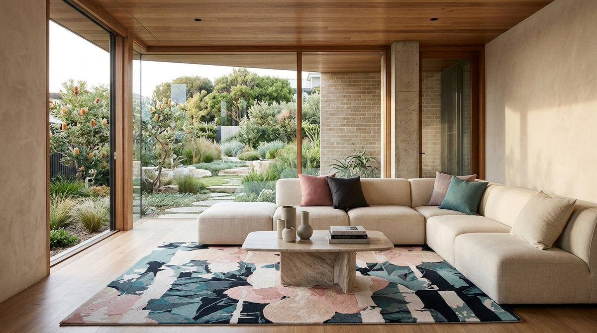 A modern living room with a large beige sectional sofa, a colorful floral rug, and a marble coffee table, set in a minimalist home with large windows overlooking a lush garden.
