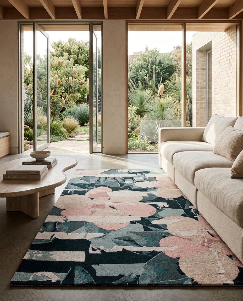 A modern living room featuring a rectangular area rug with a large-scale floral pattern in dusty pink, slate blue, and charcoal gray. The rug is styled on a concrete floor next to a light beige sofa, with large glass doors in the background showing a garden view.