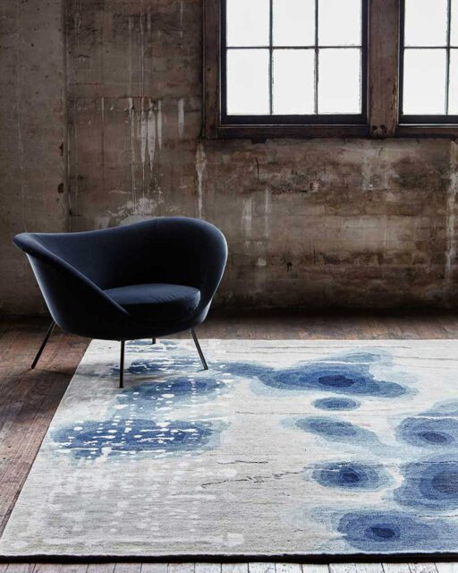 Styled image of painterly Inkblot handknot rug by Hare + Klein